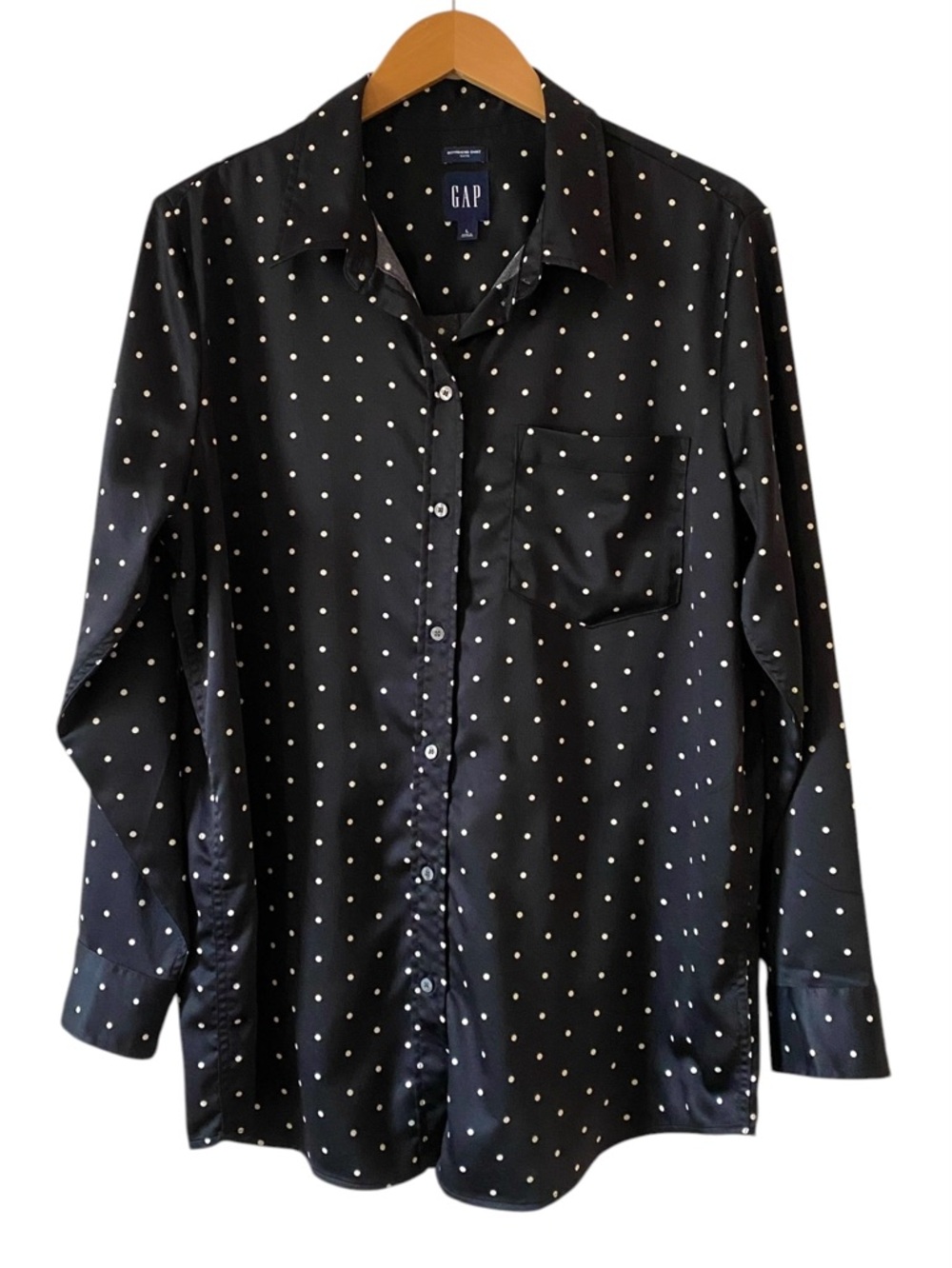 GAP Boyfriend Shirt Satin Black and White Polka Dots L Whimsigoth